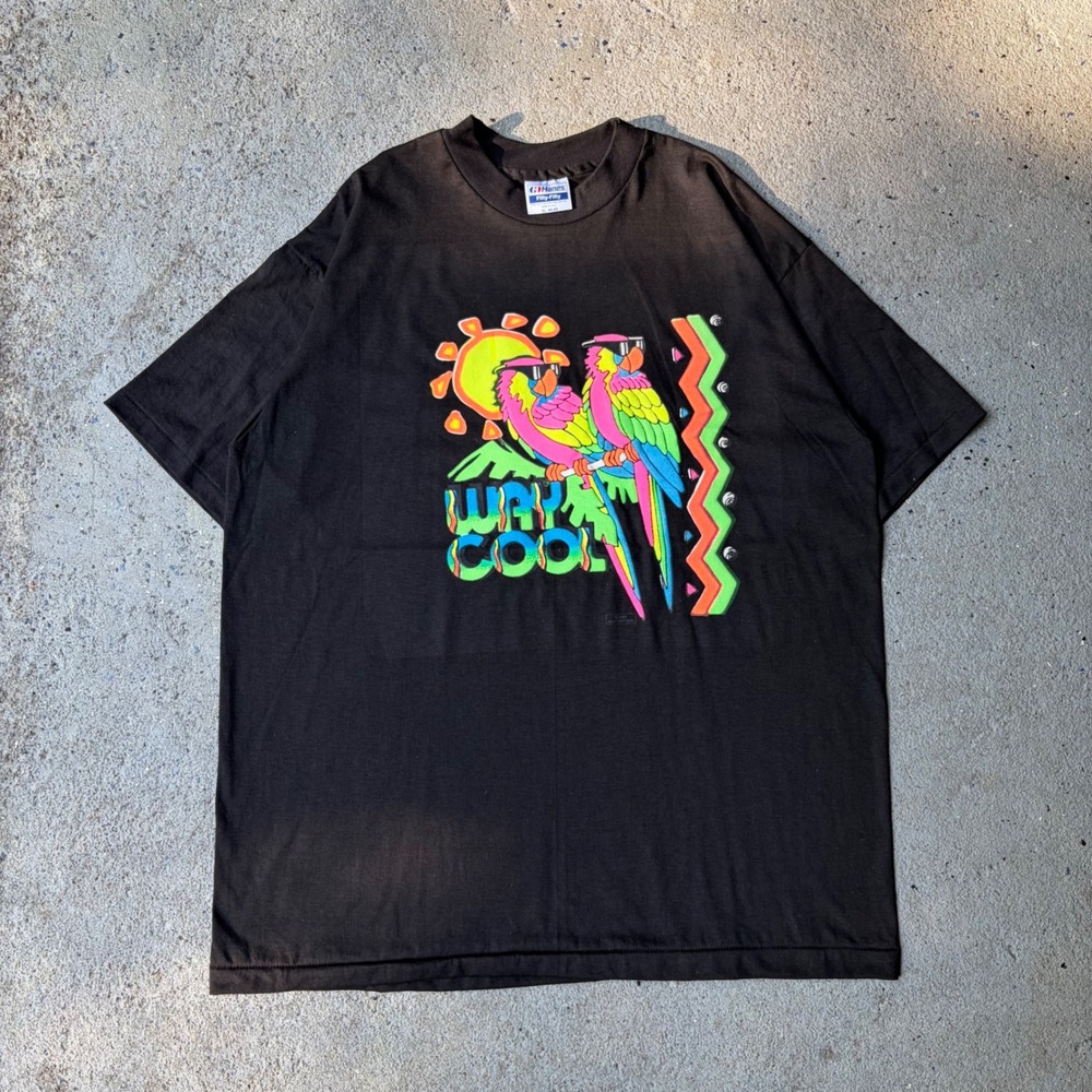 Vintage 1989 Hanes Way Cool Parrot Neon Graphic T-Shirt XL Black Single Stitch